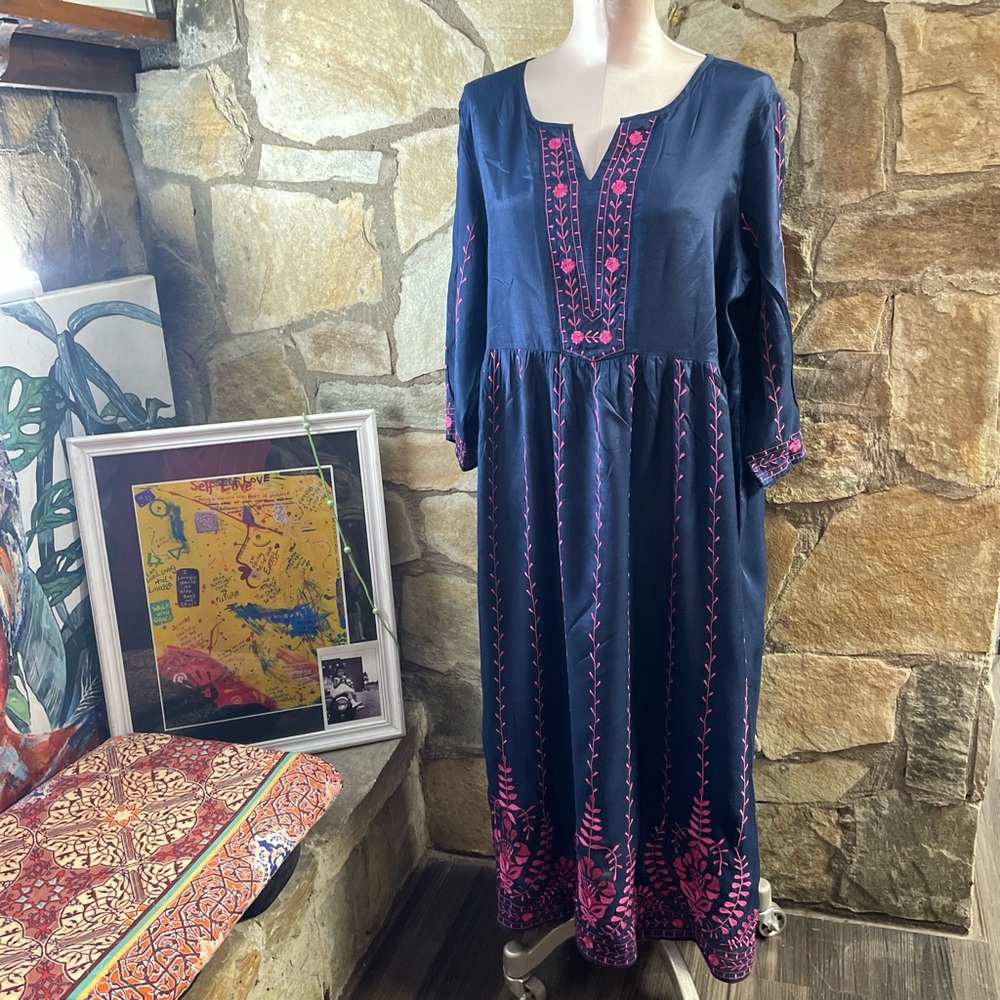 Ulla Popken Navy Dress with Pink Embroidery
